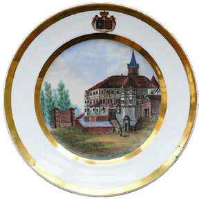 Die vermutlich älteste Darstellung des Gebäudes ist auf einem Porzellanteller im Schloss Birstein zu sehen.